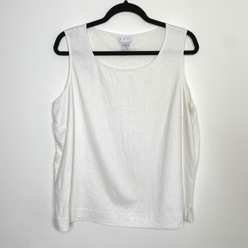 Linen Blend Tank Top Womens XL White Sleeveless Scoop Neck Shell Lagenlook